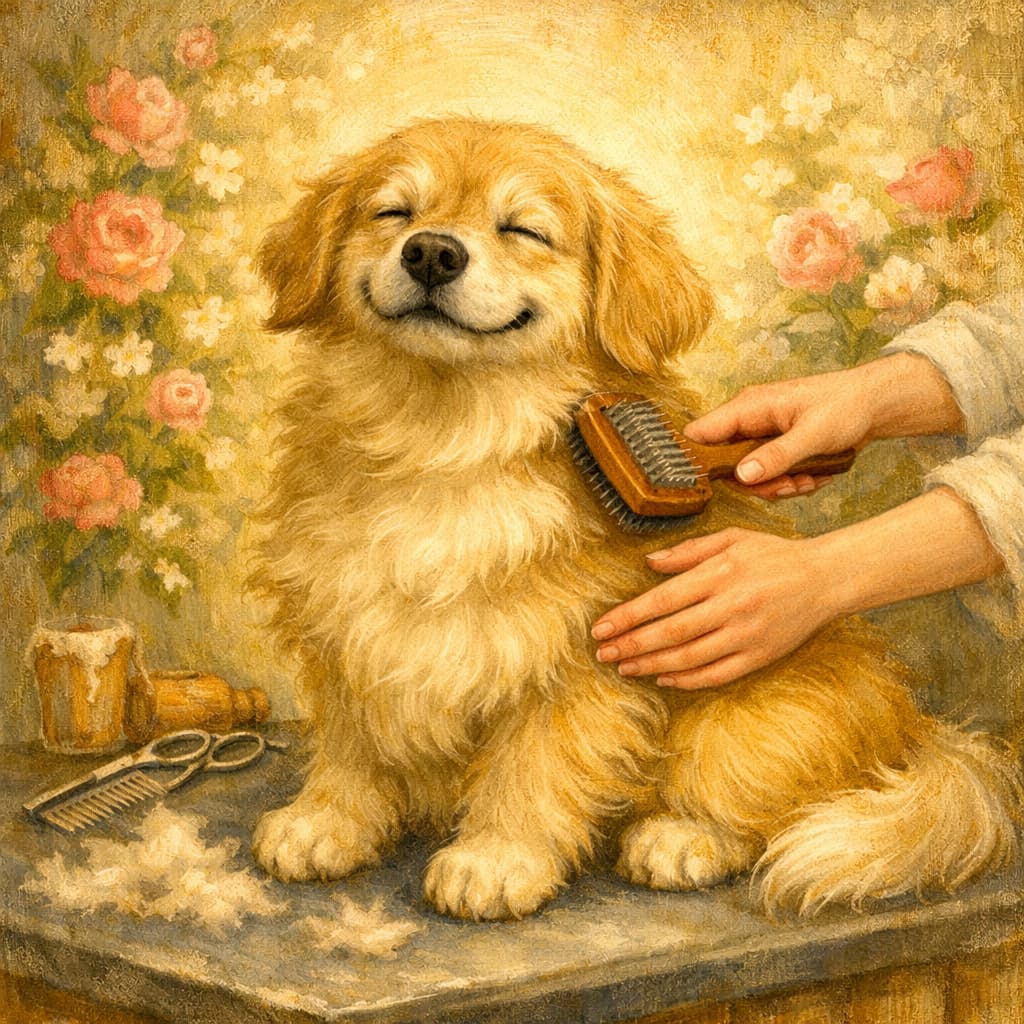Fluffy golden dog sits contentedly on a grooming table while being gently brushed by feminine hands to represent Professional Groomer Madison Tucker