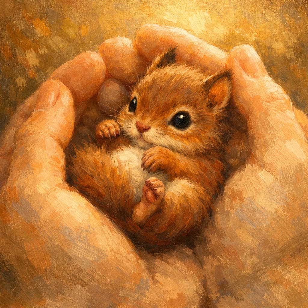 Illustrated portrait of a baby squirrel in gentle hands,  representing wildlife rehabber Sherie Gibson