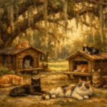 Painting of cats resting around small wooden cabins under live oaks draped in Spanish moss