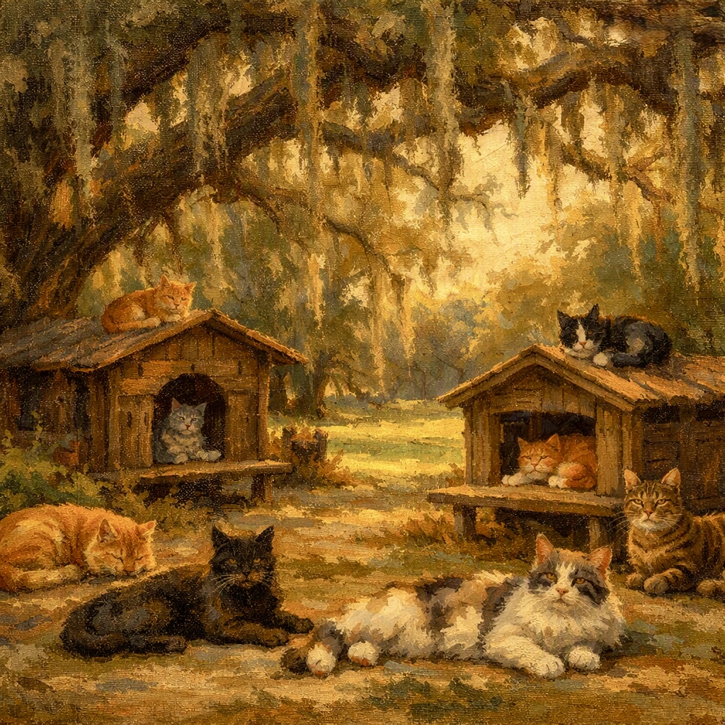Painting of cats resting around small wooden cabins under live oaks draped in Spanish moss